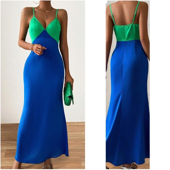 Colorblock Plunging Neck Zipper Cami Strap Slip Maxi Dress - Picture 2 of 7